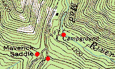 Topographic map of Maverick Saddle, Mad River, Washington showing 2002 spider sites