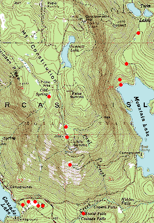 Reduced color topographic map showing 2002 spider localities in Moran State Park