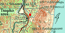 Color topo map of Tsapko area, Sakhalin, showing 2001 camp location