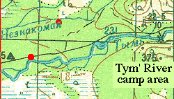 Topographic map showing 2001 campsite on Tym' River, Sakhalin