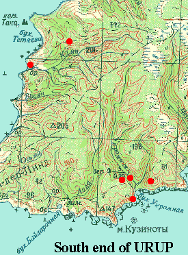 Reduced topo map of south end of Urup island showing 1996 spider localities