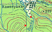 Color topographic map of Kamenushka village and Valkha river showing spider collection sites