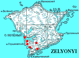 Color topo map of Zelyonyi Island showing 1994 spider localities