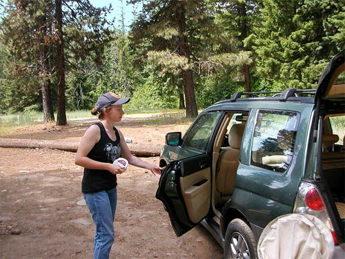 Jessi Bishop and her car at 29 Pines Campground, Kittitas County, Washington