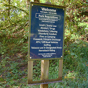 rules sign at Allen Canyon Natural Area, near La Center, Clark County, Washington