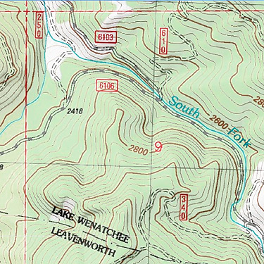 topo map showing nonexistent road on South Fork Beaver Creek spider site, Chelan County, Washington