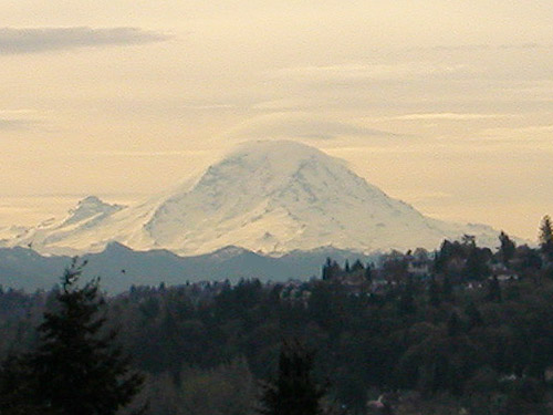 view of Mt. Rainier from NE 45 St transit station, Seattle, on 19 March 2015