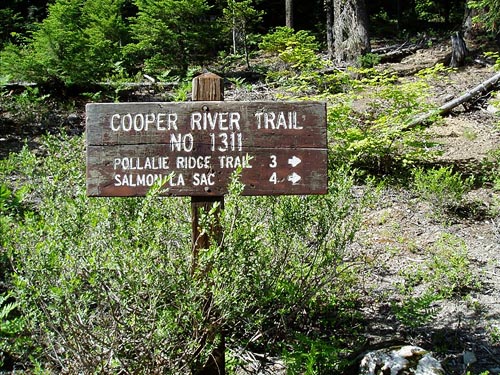 Cooper River Trail sign, Cooper River/Cooper Lake bridge area, Kittitas County, Washington
