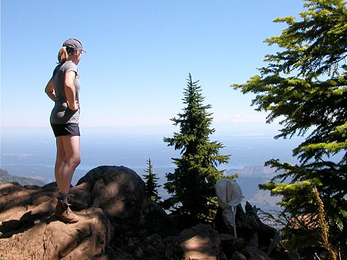 Jessi Bishopp admires the view from treeline viewpoint, Mt. Ellinor, Mason County, Washington