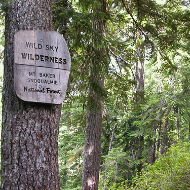 Wild Sky Wilderness entry sign, trail to Evergreen Mountain, Shohomish County, Washington