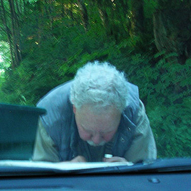 Rod Crawford sifting leaf litter on car hood, Hislop Road (off Minkler Road) across Chehalis River from Montesano, Washington