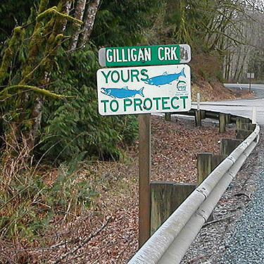Gilligan Creek sign, South Skagit Highway, Skagit County, Washington