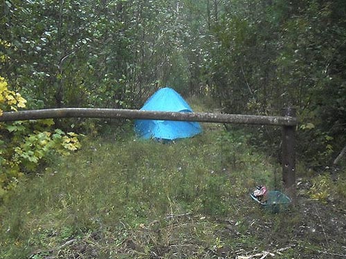 tent in old roadbed east of Newman Lake, Spokane County, Washington