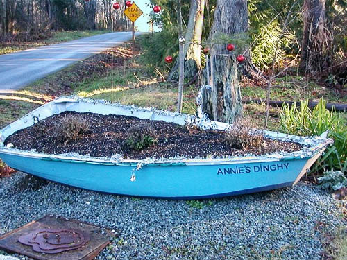 dinghy/planter by park corner, Hutchison Park, Camano Island, Washington