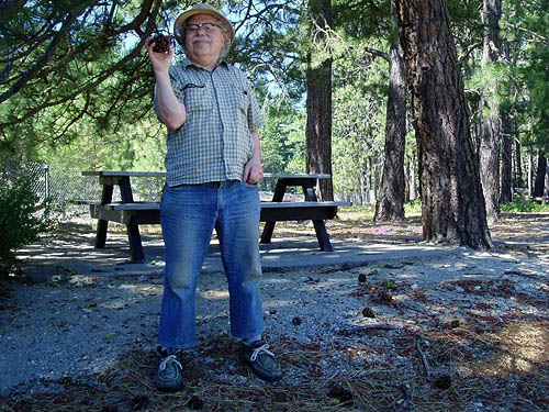Rod Crtawford holds up a pine cone at Nason Creek Rest Area, Chelan County, Washington