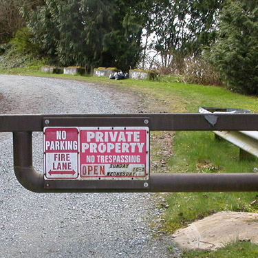 private sign on gate to Zion Cemetery, near Jackson Gulch mouth, Snohomish County, Washington