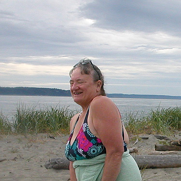 Della Scott dries after swim, Jetty Island, Everett, Snohomish County, Washington