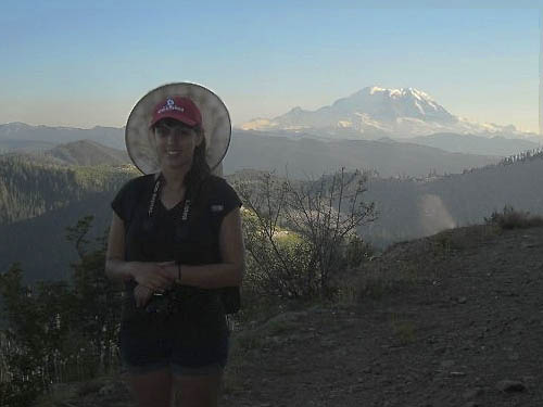 Lauren Taylor poses with Mt. Rainier at base of Kelly Butte, King Couynty, Washington