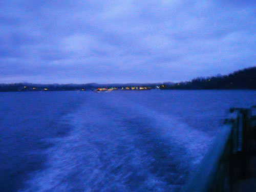 view from Edmonds-Kingston Ferry, Washington, at dusk