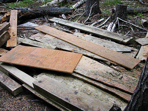 lumber pile at miner's prospect, Lion Gulch 3300', north of Liberty, Kittitas County, Washington
