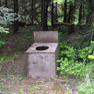 plywood toilet at prospector campsite, Lion Gulch 3300', north of Liberty, Kittitas County, Washington