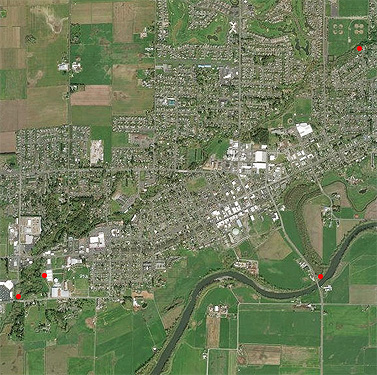 2017 aerial photo, Lynden, Whatcom County, Washington with spider sites in red