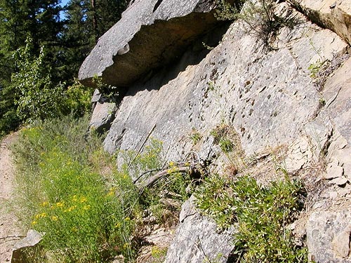 trailside rock face, East Fork Mission Creek at Peavine Canyon, Chelan County, Washington