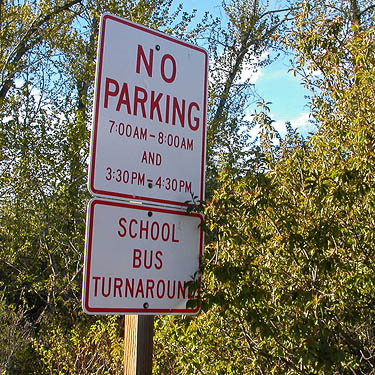 school bus sign, Naneum Creek (at Naneum Road bridge), Kittitas County, Washington