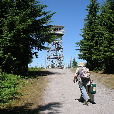 Rod Crawford approaches lookout tower, North Mountain, Skagit County, Washington (near Darrington)