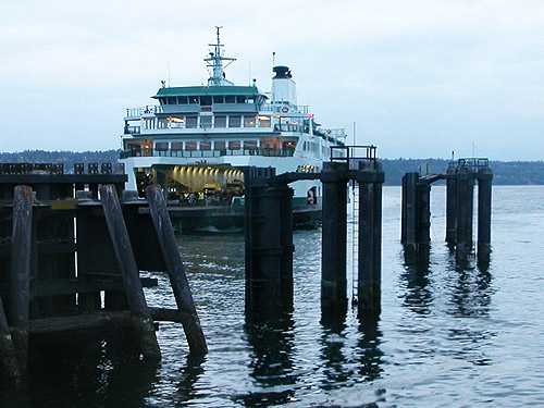 ferry arrives in the evening at Clinton Ferry Dock, Whidbey Island, Washington