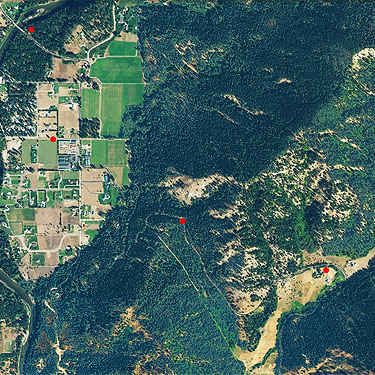 2011 aerial photo, vicinity of Plain, Chelan County, Washington showing 4 spider collecting sites