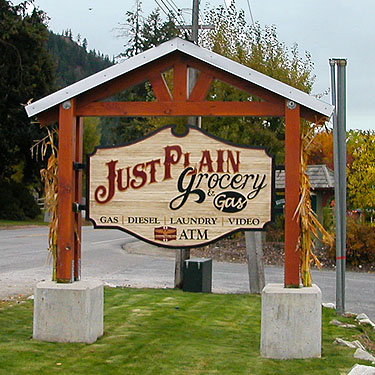 road sign for Just Plain Grocery, Plain, Chelan County, Washington