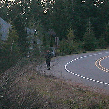 jogger at dusk by north trailhead to Square Lake, Kitsap County, Washington