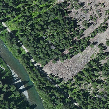2015 aerial photo of large boulder talus, White River Road, Chelan County, Washington