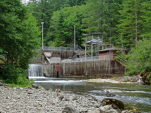 downstream view of Wynoochee River Fish Collection Facility, Grays Harbor County, Washington